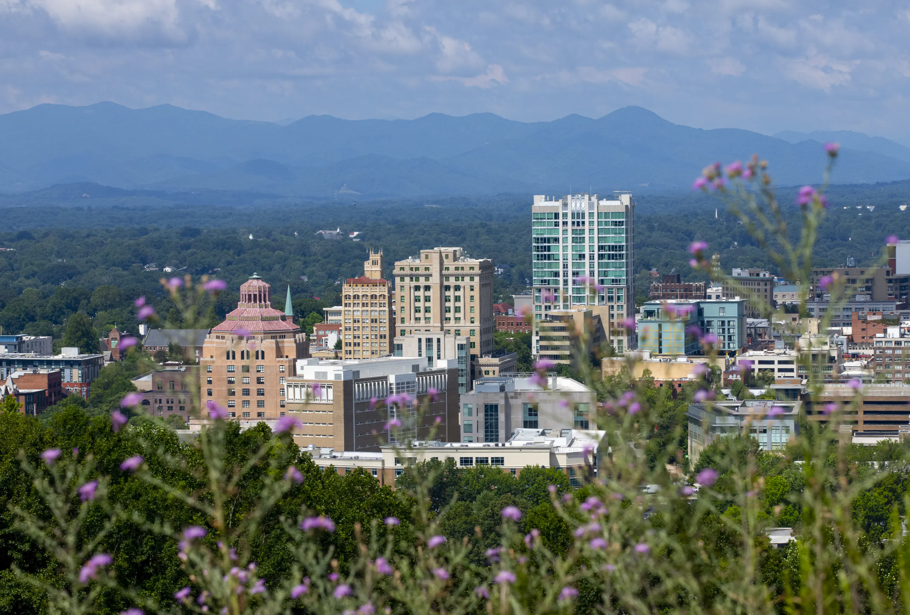 Aerial view of Asheville with autumn foliage